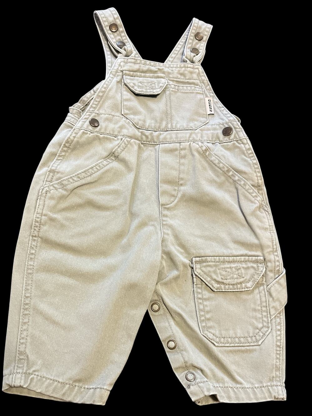 Vtg 90 Baby Guess Bib Overalls/Carpenter-6 Mos-Khaki Green-Snap Crotch-EUC-32